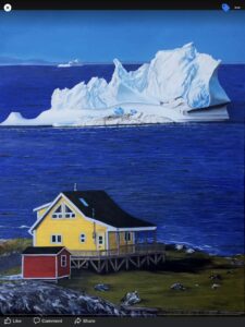 Cabin on waterfront with iceberg