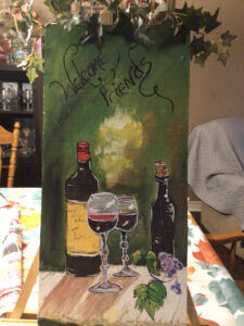 Painting of wine glasses and wine bottles